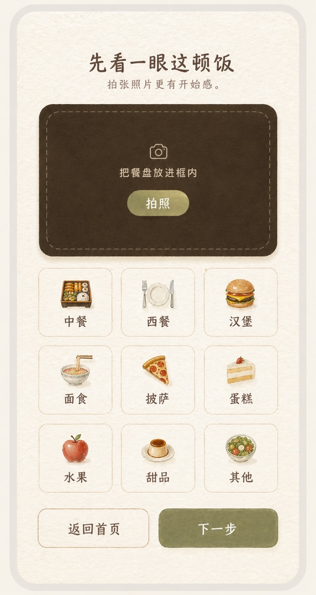 小慢吃饭餐前拍照与食物分类界面。